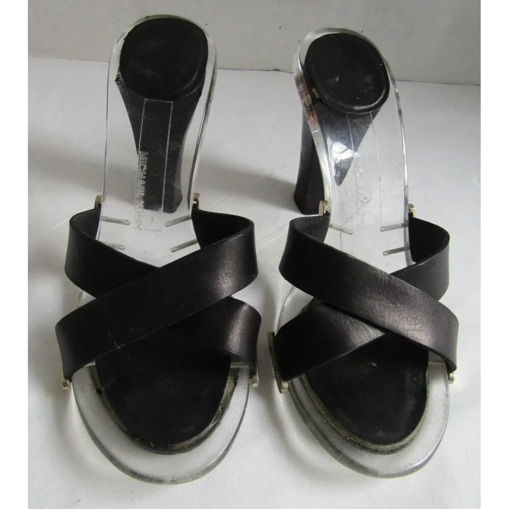 Michael Kors Black Leather Lucite Heels Chic Y2K Slide Sandals 6.5